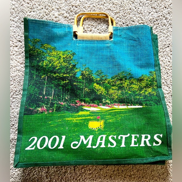 Masters Handbags - 2001 MASTERS AUGUSTA GEORGIA BURLAP JUTE WOOD HANDLE SHOP BAG TOTE GOLF NATIONAL
